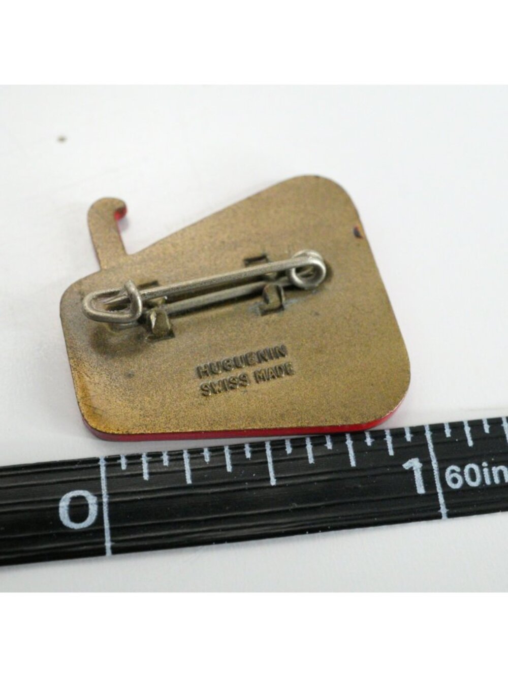 Vintage Huguenin Swiss Broken Bones Club Metal Brooch Funny Skiing Pin - Picture 3 of 3